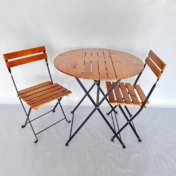 میز گرد دو نفره همراه با صندلی چوب فلز تاشو